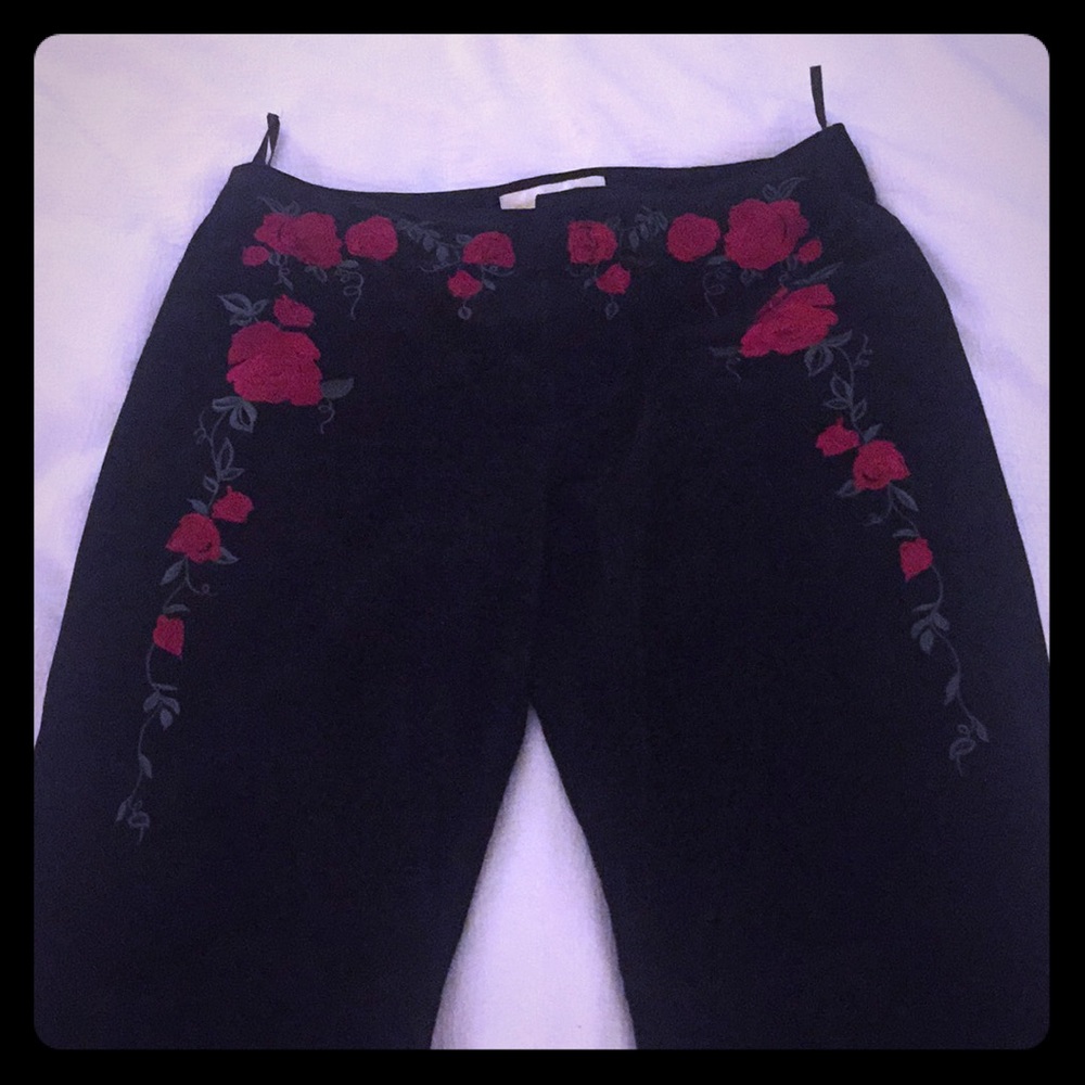Rose embroidered suede black pants